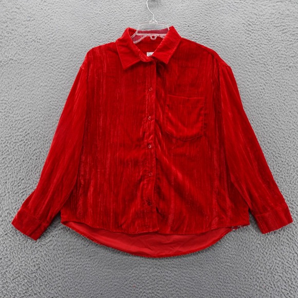 Steve Madden Tops - Steve Madden Womens Red Crushed Velvet Button Up Shirt XS Oversized NEW